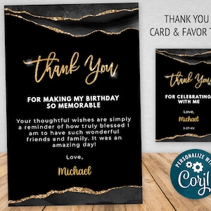 Modelo de cartão de agradecimento e etiqueta de presente preto e dourado, Glitter Sparkle Download digital instantâneo editável AGT APBRBG