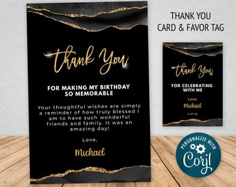 Black and Gold Thank You Card and Gift Tag Template, Glitter Sparkle Instant Digital Download Editable AGT APBRBG