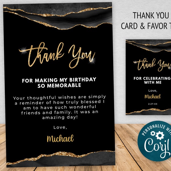 Black and Gold Thank You Card and Gift Tag Template, Glitter Sparkle Instant Digital Download Editable AGT APBRBG