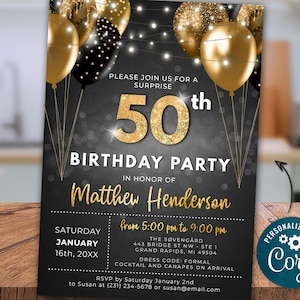 50. Geburtstagseinladung FIFTY Party Schwarz Gold Glitter Sparkle Ballons Digital Sofort Download 13x18 Printable Bearbeitbar