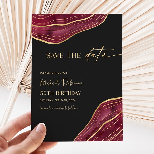 Burgundy Black & Gold Save the Date Card Template - Editable Save the Date - Ladies Mens - Digital Download Editable 0300BRG