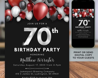 Balloons 70th Birthday Invitation - Adult SEVENTY Birthday Invite - Red Black White Silver - Digital INSTANT Download - B40 B40D