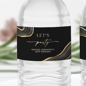 Black & Gold Water Bottle Label Template - Water Wrappers - Party Favors - Let&#39;s Party - Editable Digital Download 0300BG