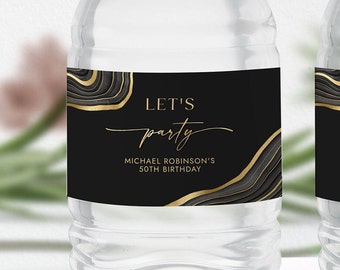 Black & Gold Water Bottle Label Template - Water Wrappers - Party Favors - Let's Party - Editable Digital Download 0300BG