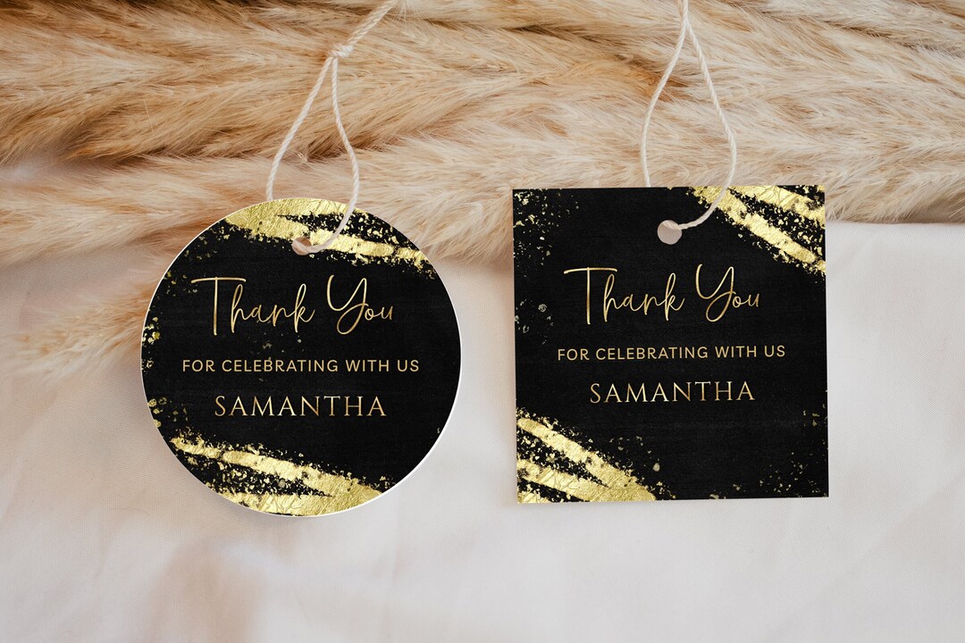 Black and Gold Favor Tag Template - Gift Tag Template, Glitter Sparkle ...