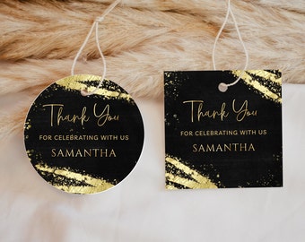 Black and Gold Favor Tag Template -  Gift Tag Template, Glitter Sparkle Instant Digital Download Editable BPG BP143