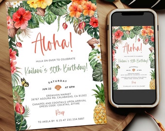 Luau  Party Aloha Birthday Invitation Template - Tropical Beach Theme - Editable Printable Instant Download 1419