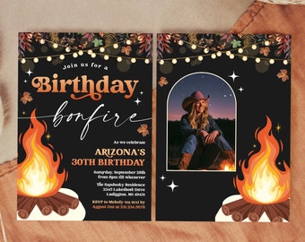 Modern Birthday Bonfire Invitation - Campfire Fall Birthday Party Photo Invite - Outdoor Bonfire Bash Party - Digital Download - 0421 13