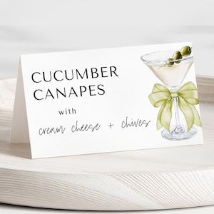 Modelo de cartão de etiqueta de comida para chá de bebê Green Bow Martini - Um Tini One está a caminho Chá de bebê - Download digital 5009BG-BBS