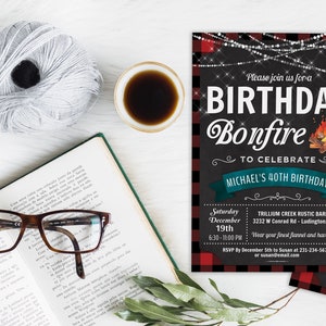 May include: A red and black plaid invitation with a chalkboard background. The invitation is for a birthday bonfire to celebrate Michael's 40th birthday. The invitation includes the date, time, location, and RSVP information.