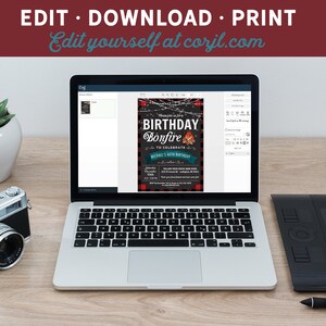 May include: A laptop computer displaying a digital invitation for a birthday bonfire party. The invitation features a red and black plaid background with a campfire and the text "Birthday Bonfire to Celebrate Michael's 8th Birthday".