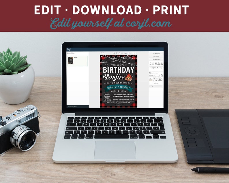May include: A laptop computer displaying a digital invitation for a birthday bonfire party. The invitation features a red and black plaid background with a campfire and the text "Birthday Bonfire to Celebrate Michael's 8th Birthday".