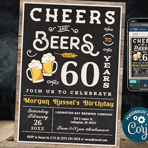 60 Geburtstags-Party Einladung SIXTY Holz & Kreidetafel Digitaler SOFORT-Download 5x7 bearbeitbar CB3 CBEP