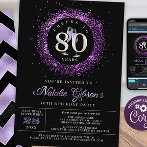 Cheers 80th Birthday Invitation EIGHTY Party Purple Silver Glitter Sparkle Champagne Digital Instant Download 5x7 Printable Editable BP108F