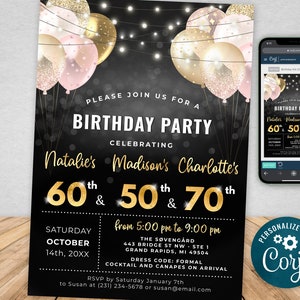 Triple Birthday Invitation Pink and Gold Glitter Sparkle Balloons Digital Instant Download 5x7 Printable Editable  BPB BGBP