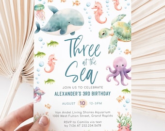Three at the Sea Birthday Invitation - Boy 3rd Birthday - Ocean Sea Birthday Party - Sea Animals - Editable Digital and Printable - 1619BP