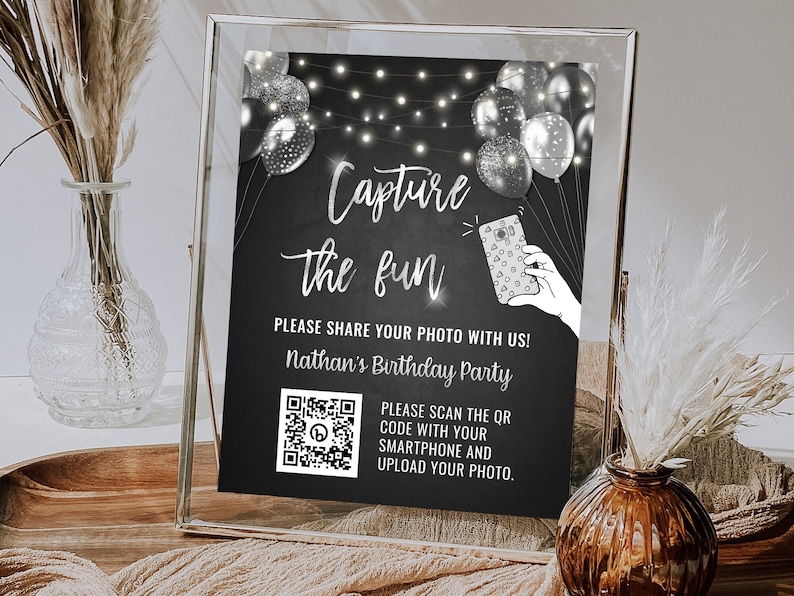 Black and Silver Birthday QR Code Sign Template - Capture the Fun ...