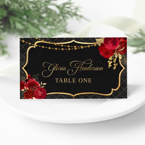 Editable Place Card Template - Tent Card Template - Black and Gold with Red Roses - Digital Instant Download Printable Editable BPR BP110