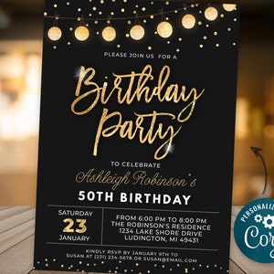 Birthday Party Invitation Elegant Invite Black and Gold Sparkle Glitter Confetti Birthday Party Digital INSTANT DOWNLOAD Editable B95 image 1