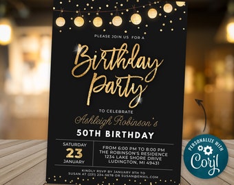 Birthday Party Invitation Elegant Invite Black and Gold Sparkle Glitter Confetti Birthday Party Digital INSTANT DOWNLOAD Editable B95