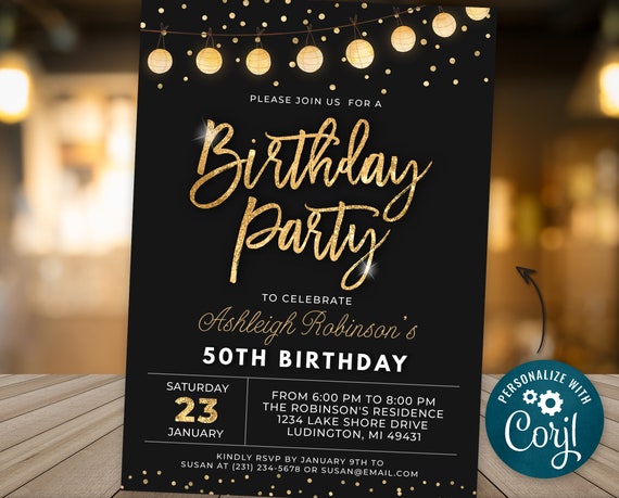 Birthday Party Invitation Elegant Invite Black and Gold - Etsy Israel