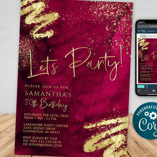 Luxury Maroon Red and Gold Birthday Party Invitation Template Digital Instant Download Editable Mens Womens BPG BP148