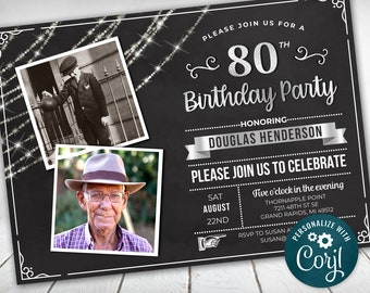 80th Birthday Photo Invitation EIGHTY Invite Party Photo Invite, Black and Silver - Digital INSTANT DOWNLOAD 5x7 - Editable - adult