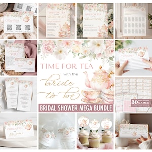 Pode incluir: Um mega pacote de despedida de solteira com um tema de chá rosa e dourado. O pacote inclui convites, cartões de agradecimento, um mapa de assentos, um cartão de receita, toppers de cupcake, etiquetas para garrafas de água e 30 jogos. O design apresenta flores em aquarela, xícaras de chá e um bule.