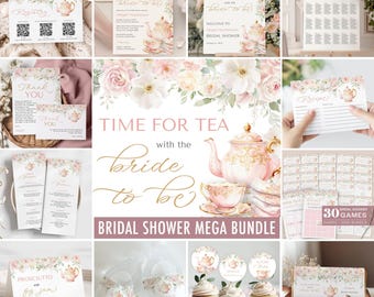 Tea Party Bridal Shower Invitation + Games Bundle - Time for Tea with the Bride to Be - Blush Pink Floral Tea Party - Digital Download 5008
