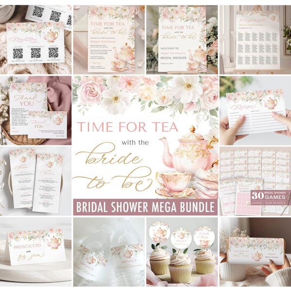 Tea Party-uitnodiging vrijgezellenfeest + gamesbundel - Time for Tea with the Bride to Be - Blush Pink Floral Tea Party - digitale download 5008