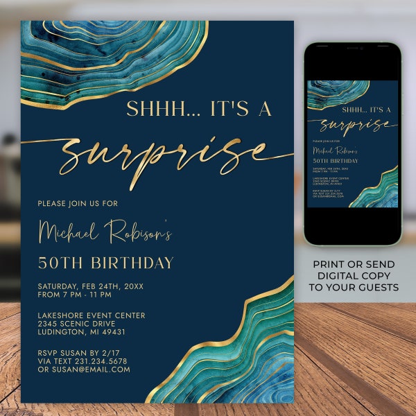 Teal Blue Green and Gold Surprise Birthday Party Invitation Template - Elegant Birthday Invitation - Digital Download - Mens Womens 0300TBG