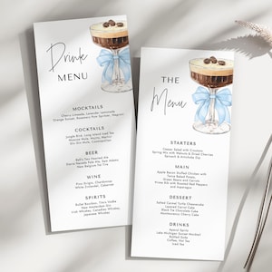 Modelo de menu Blue Bow Espresso Martini - Decoração de mesa para chá de bebê de menino - Um pequeno está a caminho - Download digital 5009CB-BBS