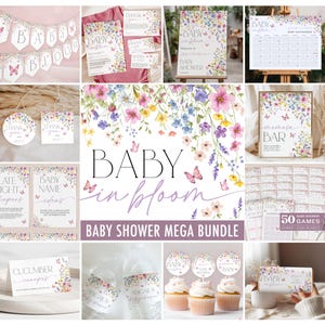 May include: A baby shower party printable bundle with a floral theme. The bundle includes a welcome sign, a name game, a diaper game, a thank you card, a cupcake topper, a water bottle label, a sign for a mimosa bar, a calendar, and a set of 50 baby shower games. The theme is "Baby in Bloom" with a watercolor floral design and butterflies.