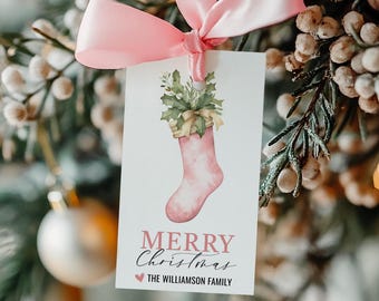 Editable Christmas Gift Tag Template - Cute Personalized Boho Ribbon Bow Stocking Gift Tag - Printable Digital Download - CT CT112