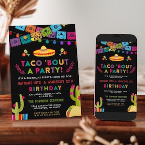 Tout âge Taco Bout a Party double Double anniversaire Invitation - Fiesta Birthday Party inviter + étiquette de carte de remerciement - téléchargement numérique FST