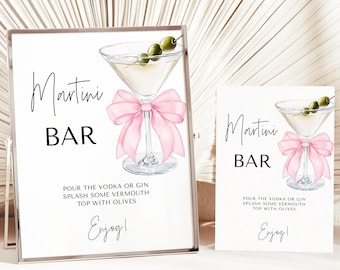 Plantilla de letrero de bar de Martini con lazo rosa - Tema de baby shower de niña - Un Tini One está en camino - Descarga digital 5009BP-BBS