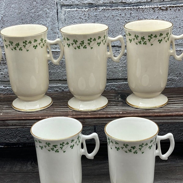 SHAMROCK / CLOVER Bone China Footed Mugs ~ Royal Tara or Royal Stuart ~ Gold Rim Made in Ireland 7 Oz Irish Coffee Cups  stoneridgeattic