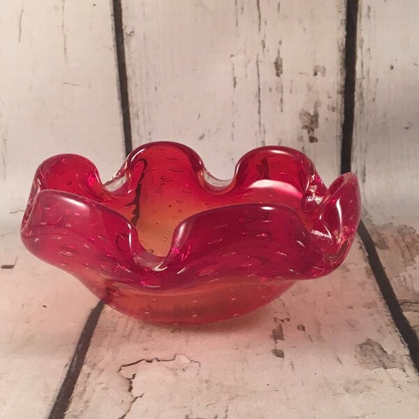 Vintage Red Orange Murano Art Glass with Controlled Bubbles Italian Blown Glass 1960s Candy Dish Bowl Ashtray Display Piece epsteam TVAT