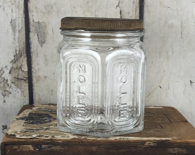 Vintage Molle Shaving Cream Jar 1930s 6 Sided Embossed Clear Glass Original Lid Advertising Jar