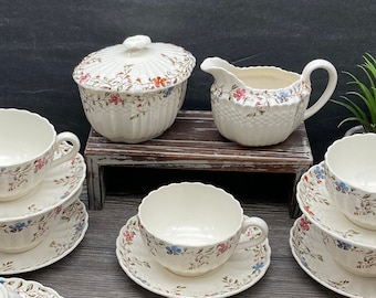 1950s Spode Copeland "WICKER DALE" Made in England ~Sugar and Creamer / Cups and Saucers~ Teacups Floral Rim  Farmhouse Country Kitchen