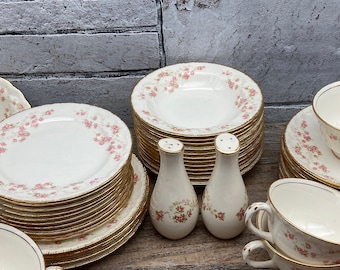 Vintage Pope Gosser Florence China: Pink Rose Garland, Gold Scalloped Edge