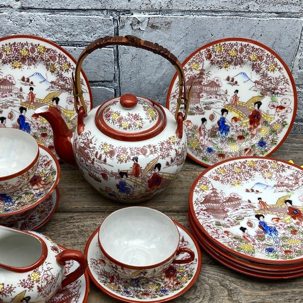 GORGEOUS KUTANI Geisha Motif  Porcelain Teapot w/Strainer and Bamboo Handle OR Two 7" Plates Hand Painted Made in Japan 1950s Asian Decor