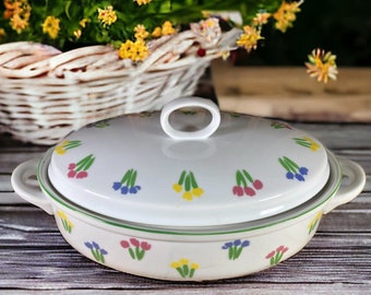 MOUNT CLEMENS Covered Serving Dish / Lidded Casserole Tulip Design Green Trim Discontinued Pattern Farmhouse Country Core Cottage Kitchen