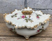 Lovely Porcelain Footed Covered Dish Floral Pattern Ruffled Edge Gold Accents Candy Dish Trinket Dish China Cabinet Display stoneridgeattic