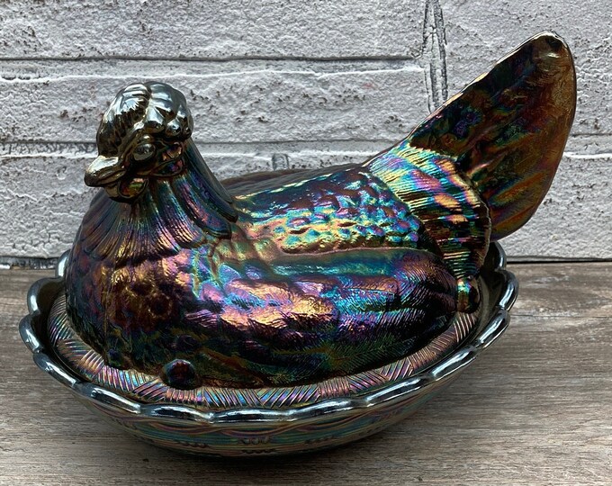 FENTON HEN on NEST Amethyst Carnival Glass Covered Dish Candy Dish