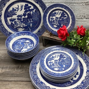 Vintage Enamel Dinner Plates Blue Rim Stripe White 8.8 Set of 2 13497