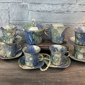 GORGEOUS Bone China Sugar and Creamer OR 2 Cups With Saucers Made in BULGARIA Hand Painted Green and Blue Gold Trim Teacups stoneridgeattic