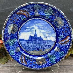 Antique Historical Pottery Plate Polychrome Transferware B&D Staffordshire England Independence Hall 1776 Commemorative Display Plate