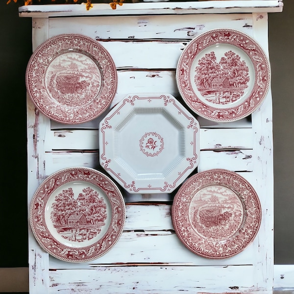 WALL DECOR~5 Mismatched Pink / Red Transferware Plates~ Wall Display Plates ~ Castleton China / Memory Lane / EIT~ Farmhouse Country Cottage