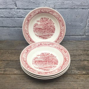 Vintage Royal Ironstone Red Transfer Ware One Rimmed Soup Bowl MEMORY LANE Pattern Mid Century 1960s Tableware Made in USA stoneridgeattic